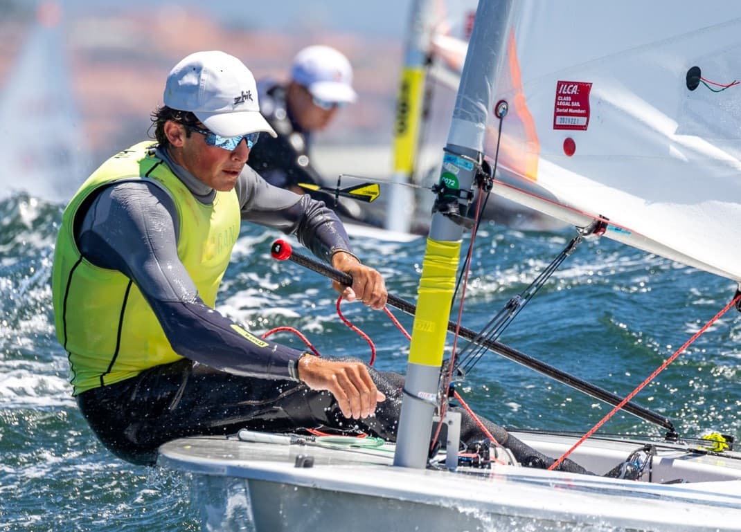 Carlos celebrating his ILCA 4 Youth World Championship win