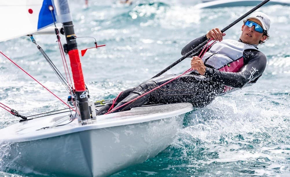 Carlos hiking hard upwind under the CAN sail